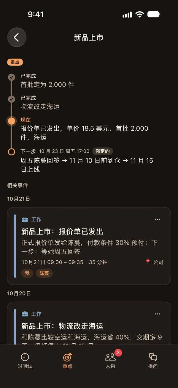重点页：同一件事的多次对话串成一条线