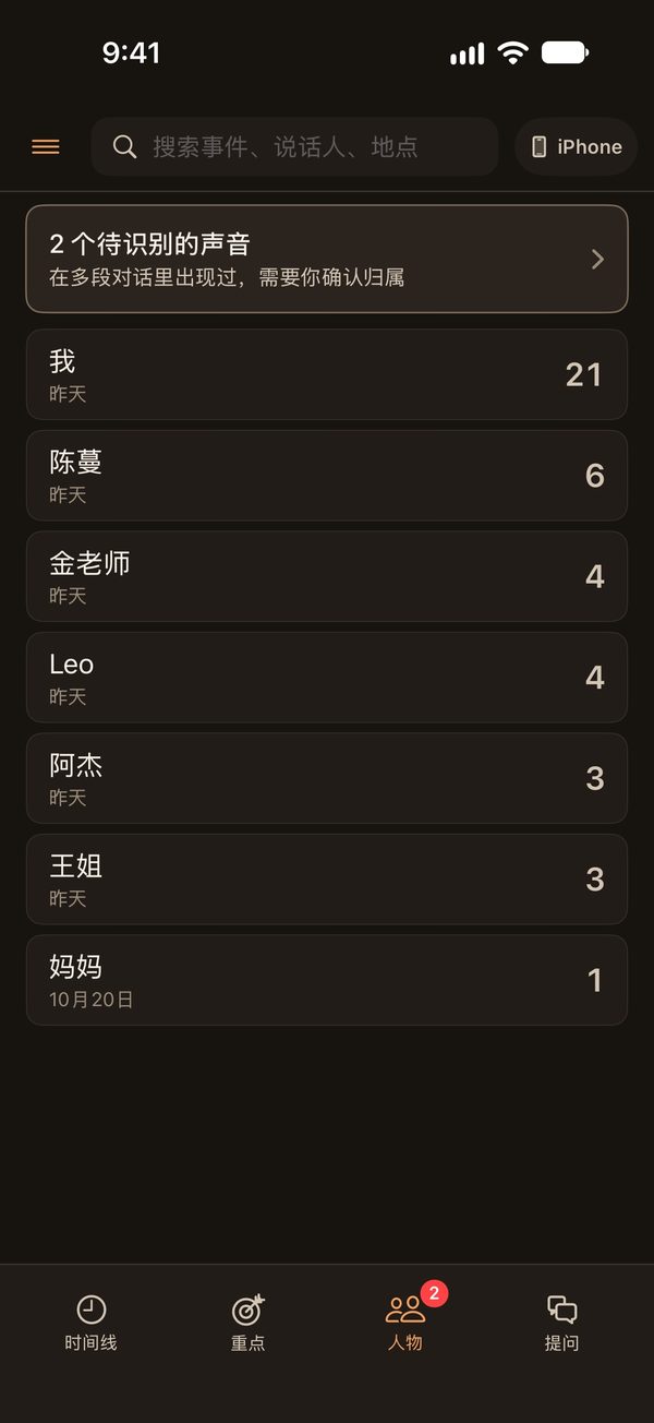 人物页：认出的说话人和对话次数